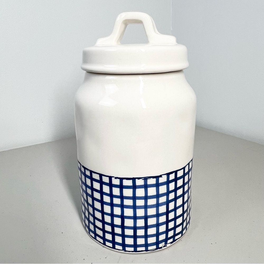 Rae Dunn Sweets Ceramic Canister Jar W/ Lid Blue Gingham Artisan Collection - Picture 2 of 9